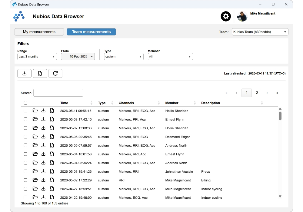 Kubios HRV Team Readiness data browser